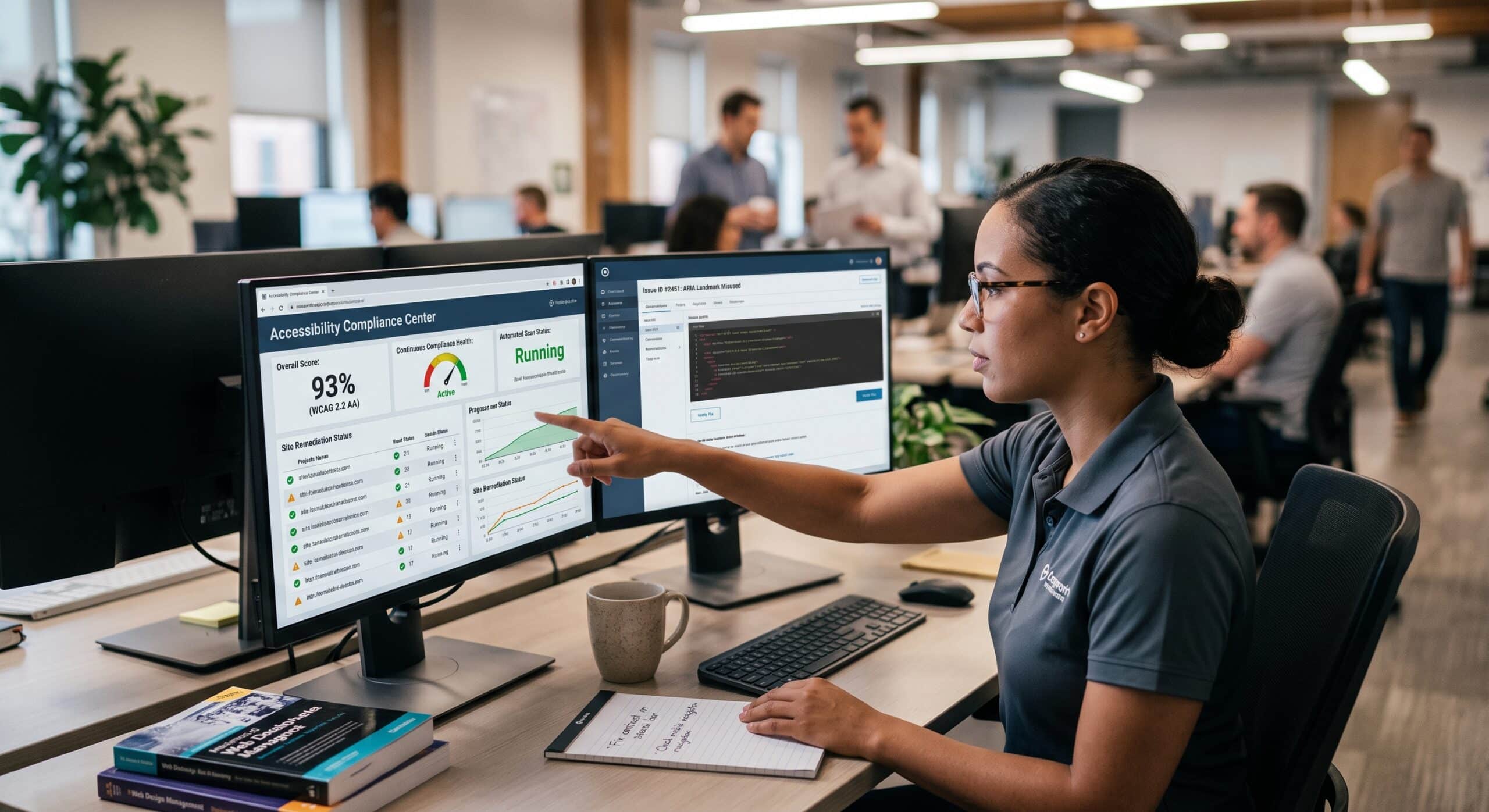 A female developer in a grey polo shirt points at a dual-monitor setup displaying an accessibility compliance dashboard with a 93% score, situated in a busy modern office.