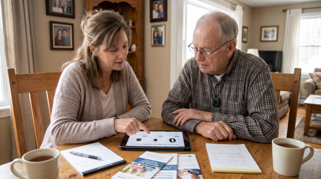 Daughter helping her elderly father choose a medical alert system at home