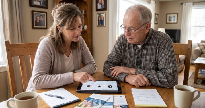 Daughter helping her elderly father choose a medical alert system at home
