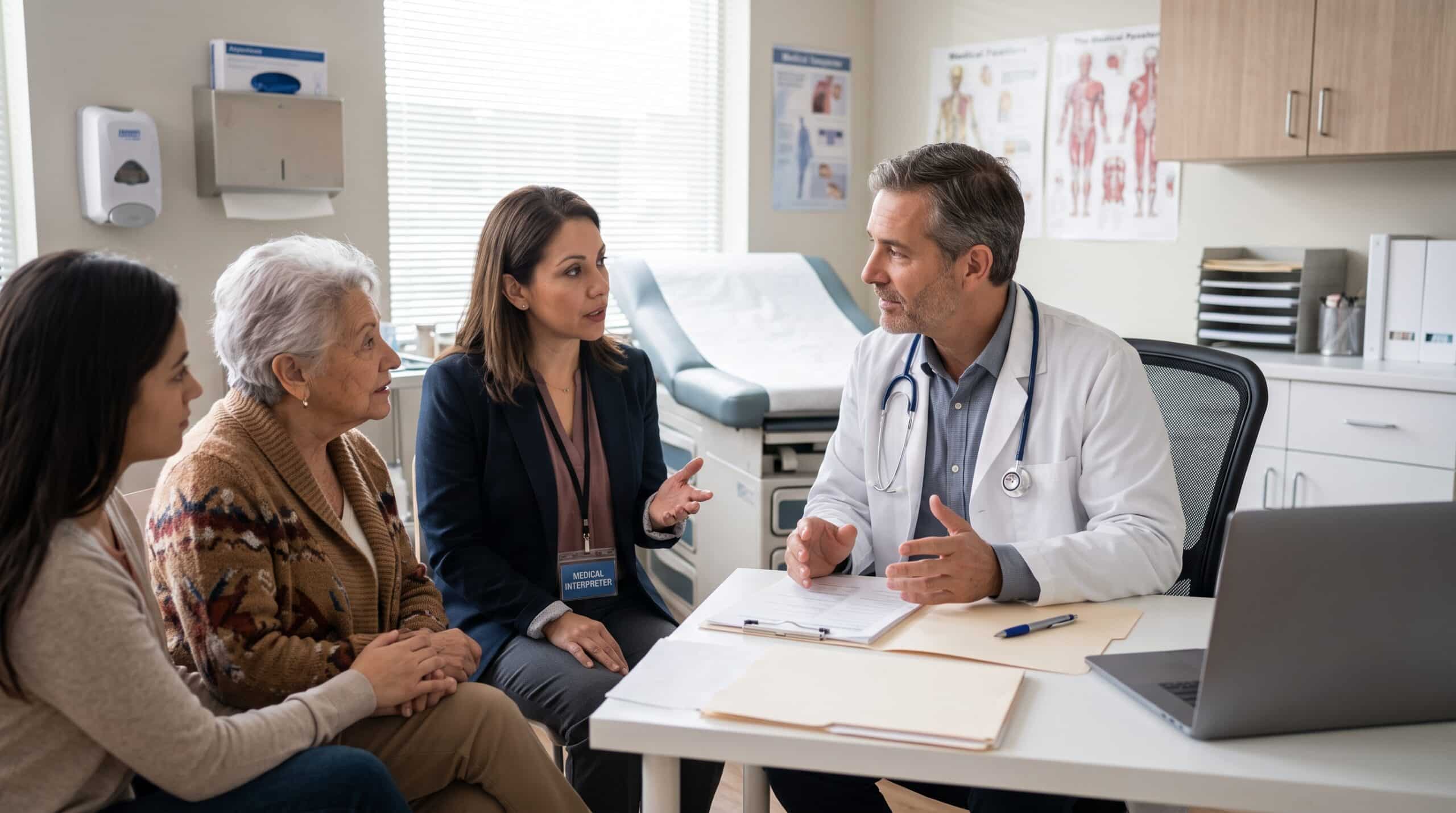 Medical interpreter helping a patient and family communicate with a doctor during a healthcare consultation.